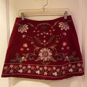 Red Embroidered Corduroy Mini Skirt